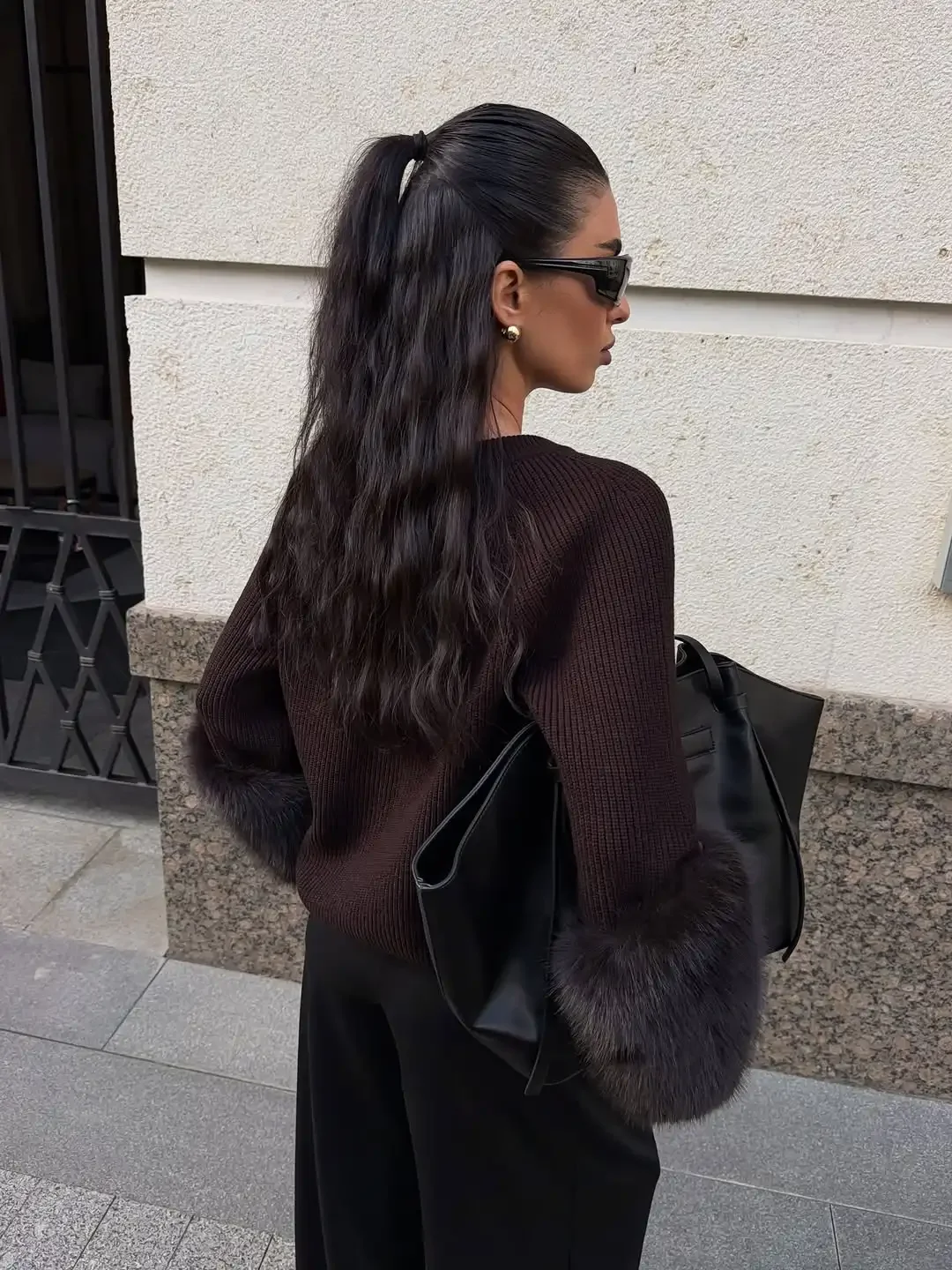 Women Ribbed Knit Sweater Removable Faux Fur Cuff Long Sleeve Raglan Pullover Autumn Commute Casual Fashion Cozy Knitwear 2026