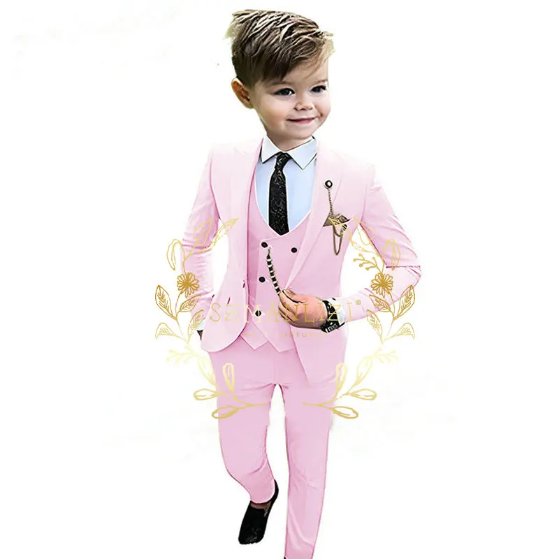 Formal Beige Boys Suit 3 Piece Party Wedding Tuxedo Child Jacket Pants Vest Custom Made Kids Costume 3-16 years old