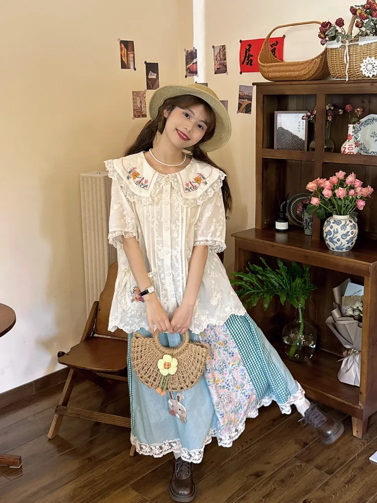 Mori Fashion Lace Short Sleeve Shirt Summer Retro Girl Flower Embroidered Peter Pan Collar Blouse Ladies Sweet Top All-match