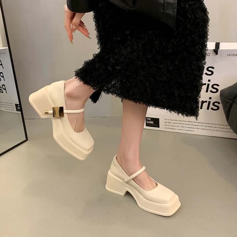 

French Chunky Heels Women 2024 Spring Summer New Fashion Casual Mary Jane Shoes Ladies Designer Leather Sandals Women