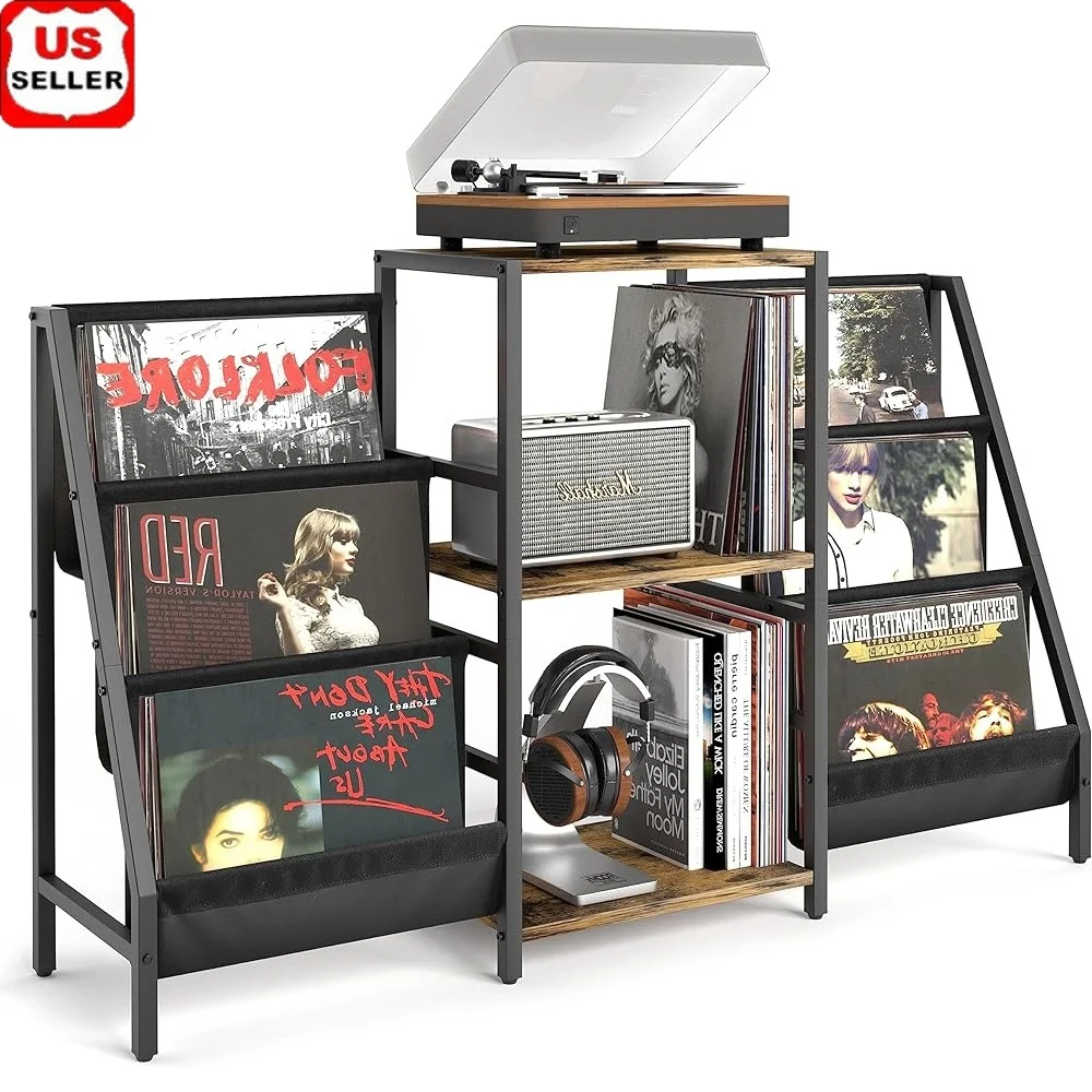 

Record Player Stand Vinyl Storage Table Turntable with Capacity 280 Albums Wood Metal Construction Home Audio Furniture