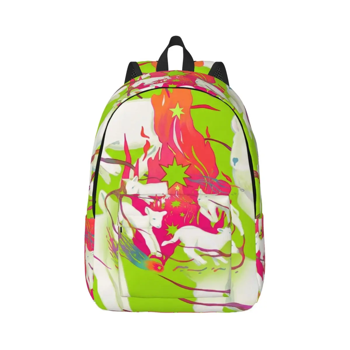 Kids School Backpack Center Lamb Cosmic Mystical Artistic Vibrant Green White Red Lightweight Bookbag for Primary Students Work