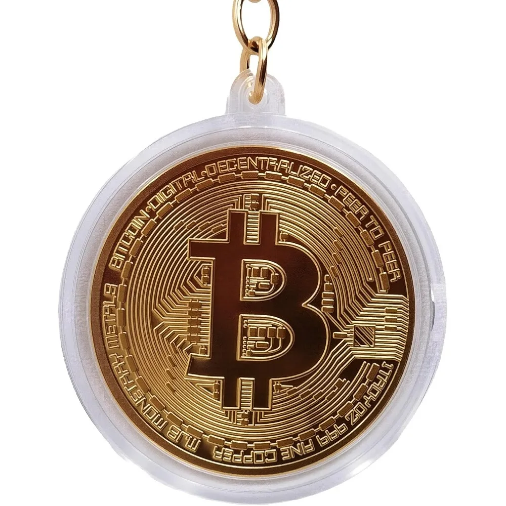 Bitcoin Pattern Commemorative Medal Keychain, Gold Plated Collectible Ornament with Protective Case, Novelty Gift