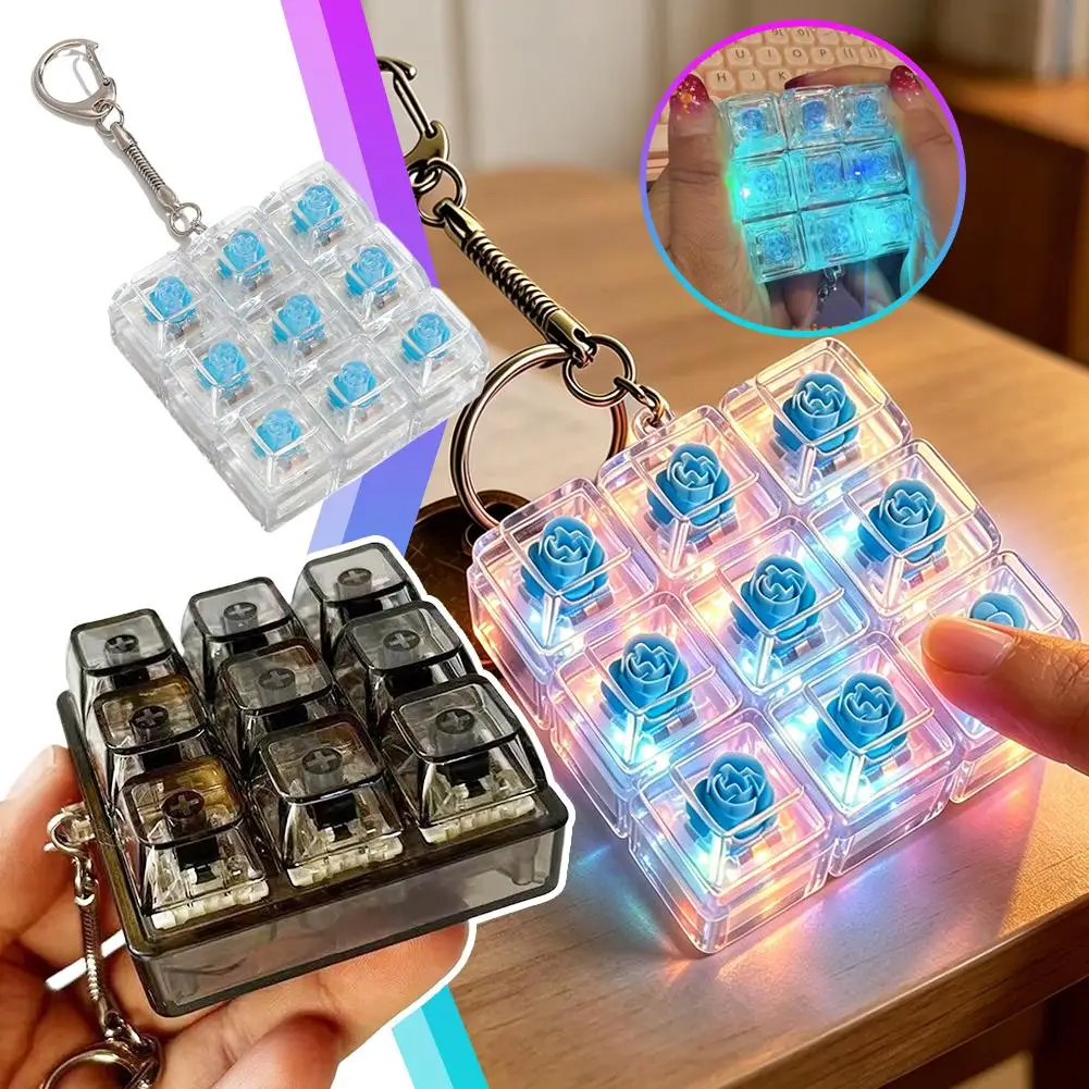 9 Key Light Up Switch Tester Keychain Clear Mechanical Keyboard Click Pocket Fidget Toy Backpack Pendant For Adults