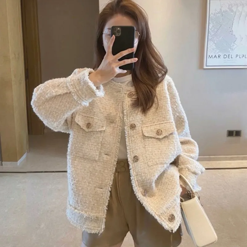 

Vintage Tweed Jacket Women Autumn Winter Fashion Spliced Tassel Elegant Single-Breasted Casual Coat Nice Korean Chic Outwear