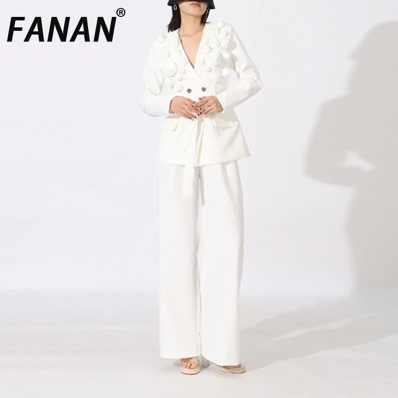 

FANAN Women's 2 Piece Set 3D Flower V Neck Belt Gathered Waist Double Breasted Blazers+high Waist Straight Pants 2025 Spring New