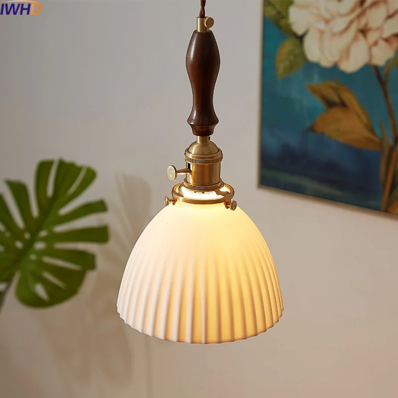 

IWHD Ceramic Copper LED Hanging Lights Stairway Bar Living Room Wood Handle Pendant Lamp Home Decor Suspension Luminaire