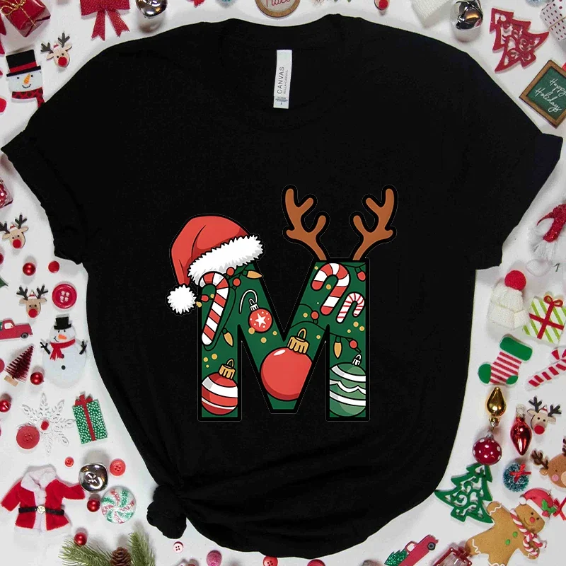 

Women’s Xmas A-Z Alphabet Graphic T-shirt Santa Letter Printed Casual Holiday Christmas Party Tops Female Short Sleeve Tees
