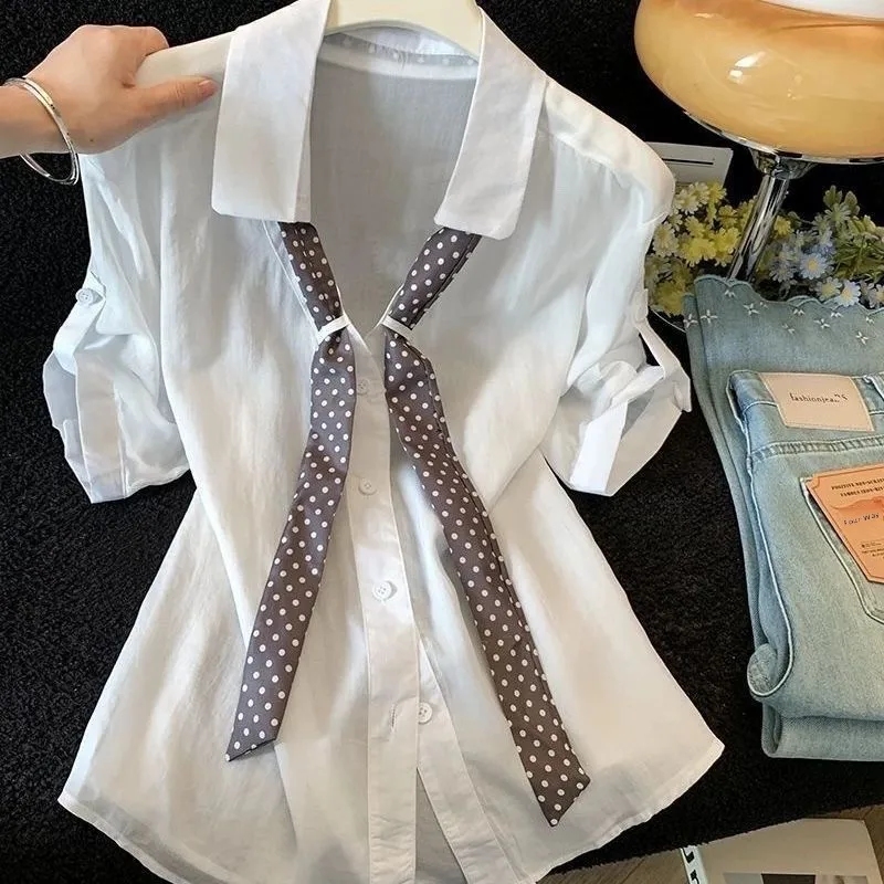 Summer Polka Dot Bow Tie Shirt Women's Loose Fit Commute Style Detachable Polyester Material Short Sleeve  Collar Top