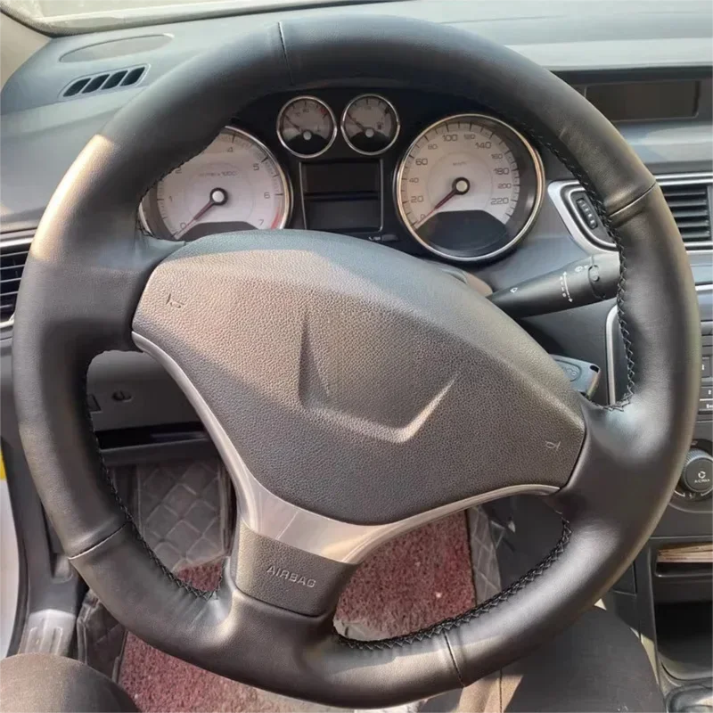 Suitable for Peugeot 206 307 301 308 408 508 3008 Hand Sewn Steering Wheel Cover, Genuine Leather Non Perforated Handle Cover