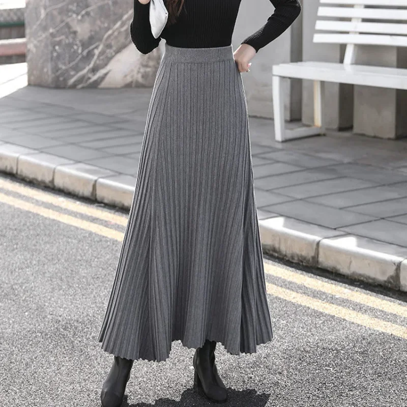 

Cashmere Maxi Long Knitted Skirts Thickening Rib Knitted Swing A-line Flared Ankle Length Knit Skirts Brown Ivory Gray P351