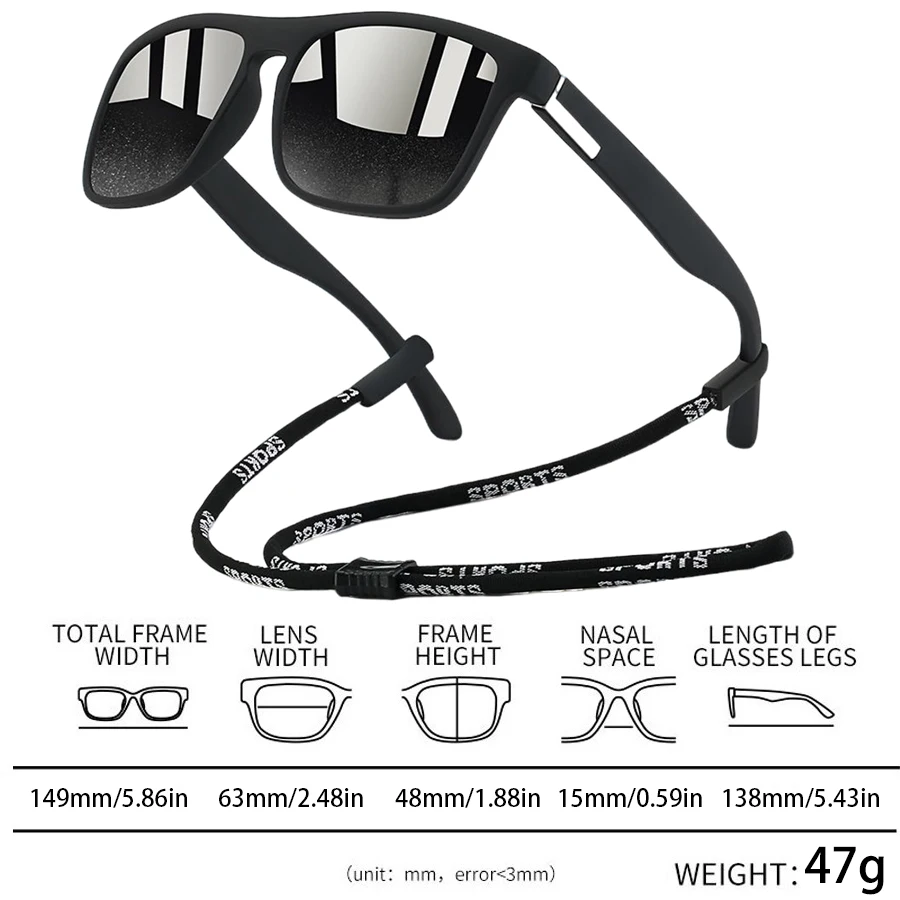 Outdoor-Sonnenbrille mit klassischem quadratischem Rahmen, modische Sonnenbrille, Fahrbrille, Angel-Schutzbrille für Herren und Damen mit Kette – Detail 15