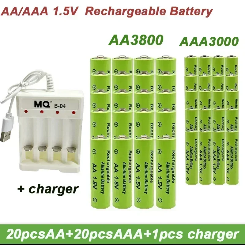 

1.5V Rechargeable Battery, AA3800mAh+AAA3000mAh+NEW AA Charger, Alkaline Technology, for Remote Control, Toys / Computers, Etc
