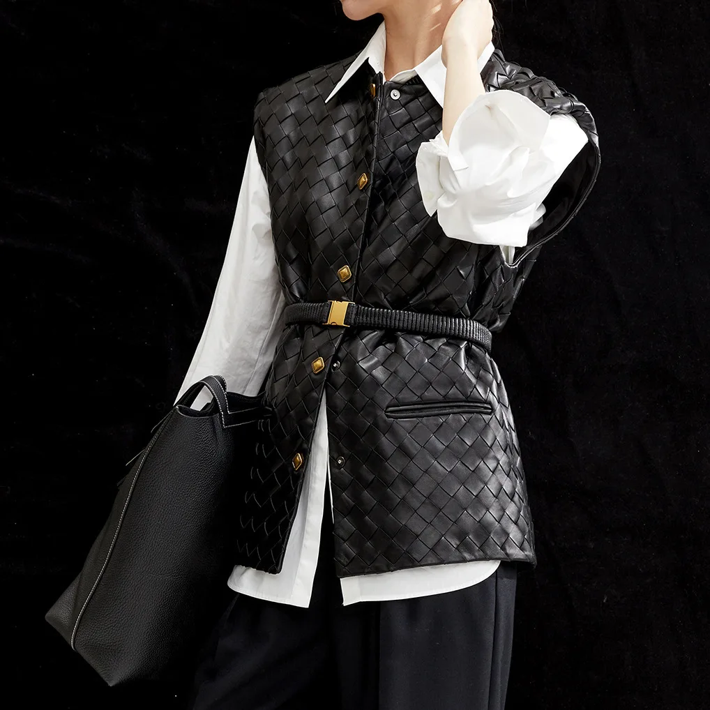 

Woven Design Genuine Leather Waistcoat 2025 Autumn Winter New Fashion Lady High Quality Full Sheepskin Vest with Belt