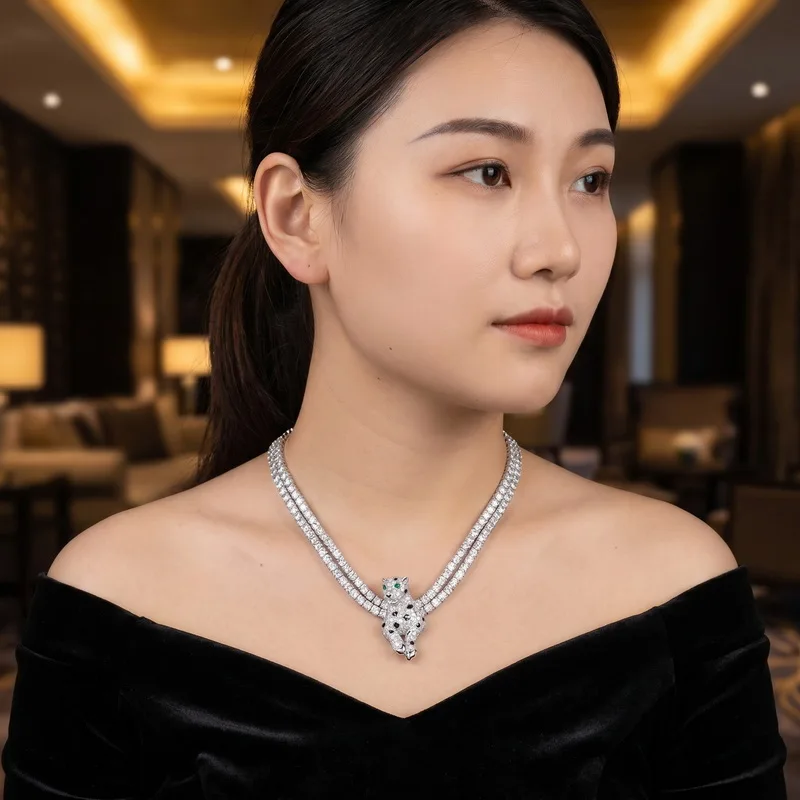 Europe America Style Necklace Inlay Full Cubic Zircon Leopard Pendant Detachable Double Chain Multiple Wearing Methods Jewelry