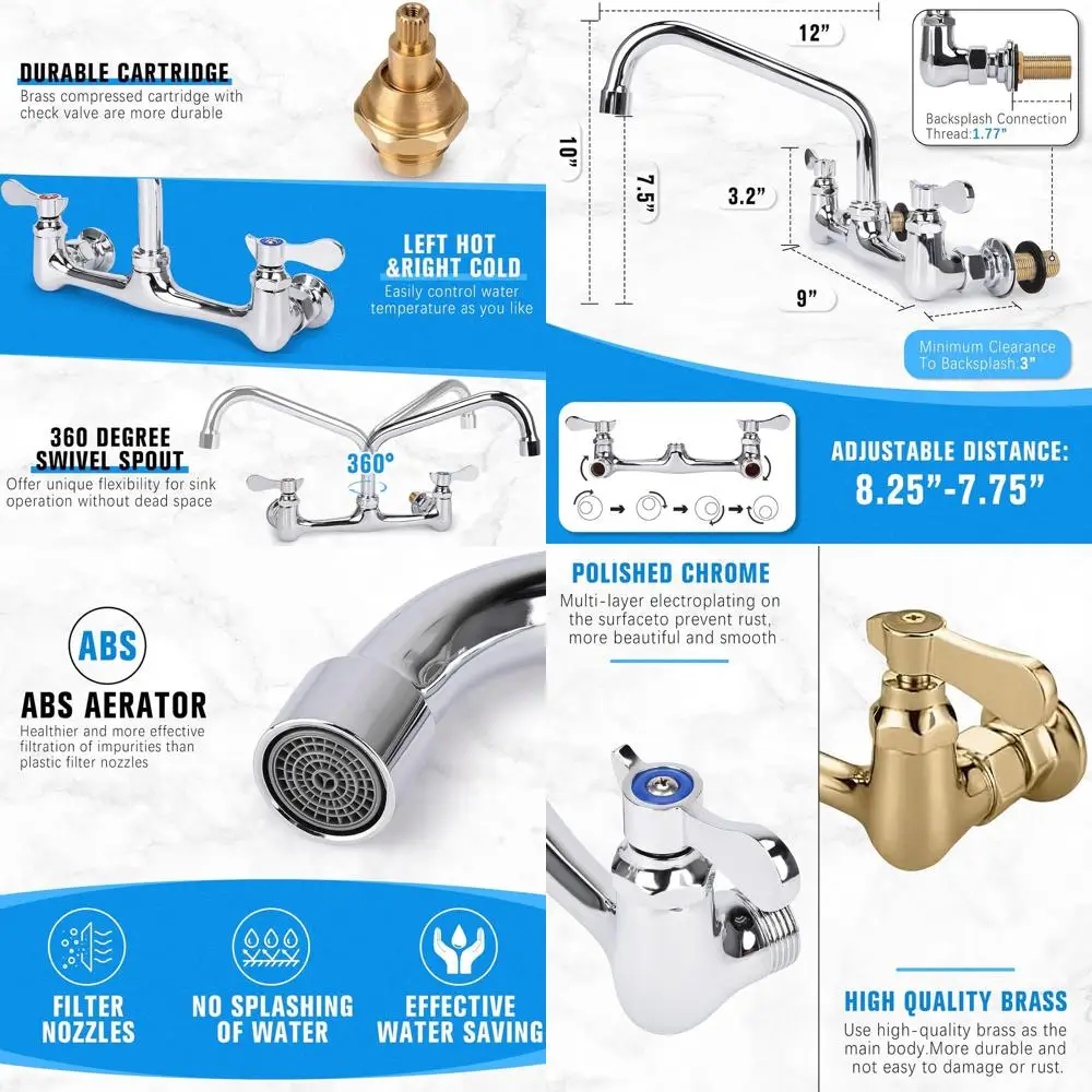 

Commercial 8 Center Wall Mount Kitchen Faucet with 12 Swivel Spout, Dual Handles, Brass Utility Sink Faucet for Laundry and Rest