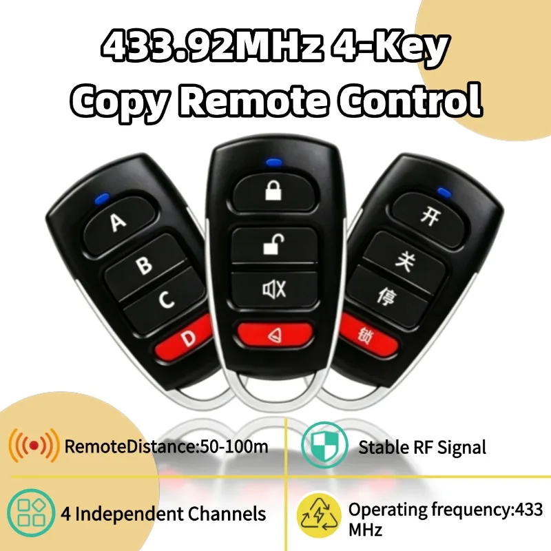 Wireless RF 433.92MHz Remote Control Copy Code Duplicator Stable RF Signal 50-100m Range 4 Button Clone Fixed Rolling Code Garag