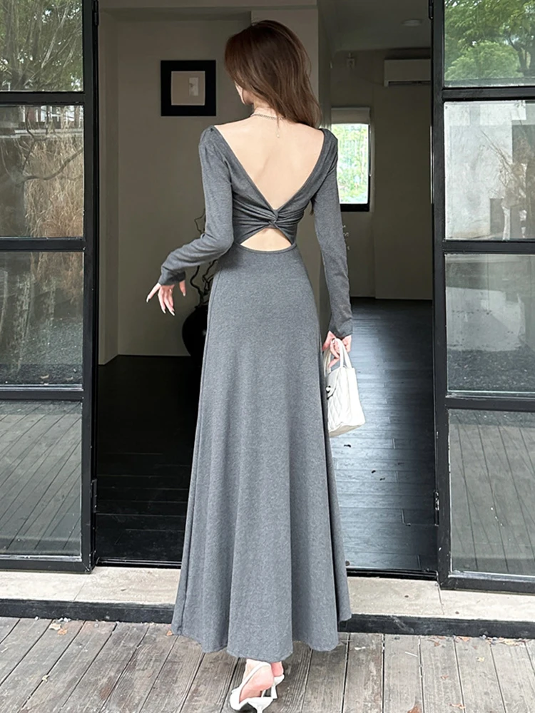 Robe Longue Extensible à Col Rond pour Femme, Vêtement Élégant, Sexy, Dos aux, Maigre, Maxi, ix, Bal, Éducatif, Mode Printemps-Automne