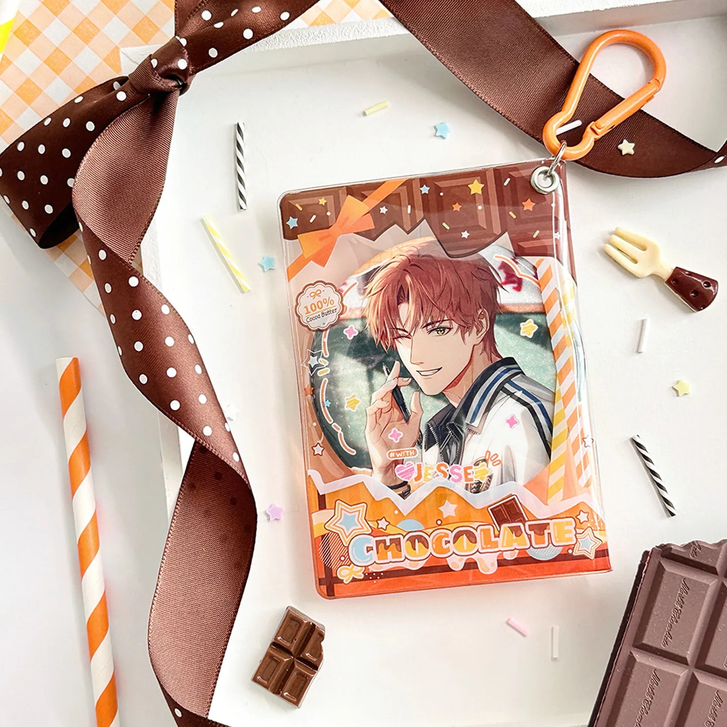 Frosted Chocolate Series PVC Clear Card Pouch, Kawaii Portable Storage Case with Carabiner, Bag Decor for Anime Badge Photocards