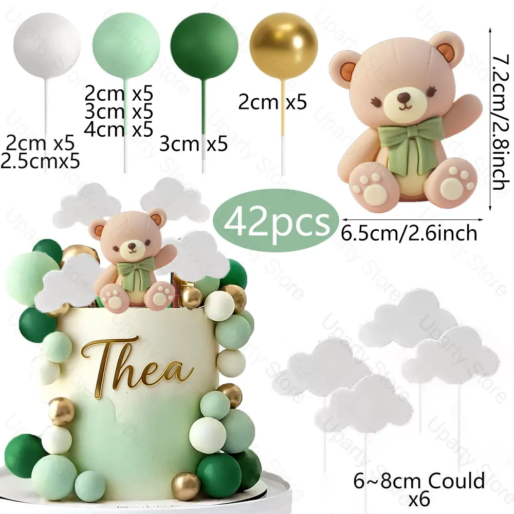 1 Set Grüne Bären-Kuchendekoration für Babyparty Gold Salbeigrüne Schaumstoffbälle Schleife Bären-Kuchenaufsatz für Mädchen Jungen Geburtstagsfeier Deko – Detail 14