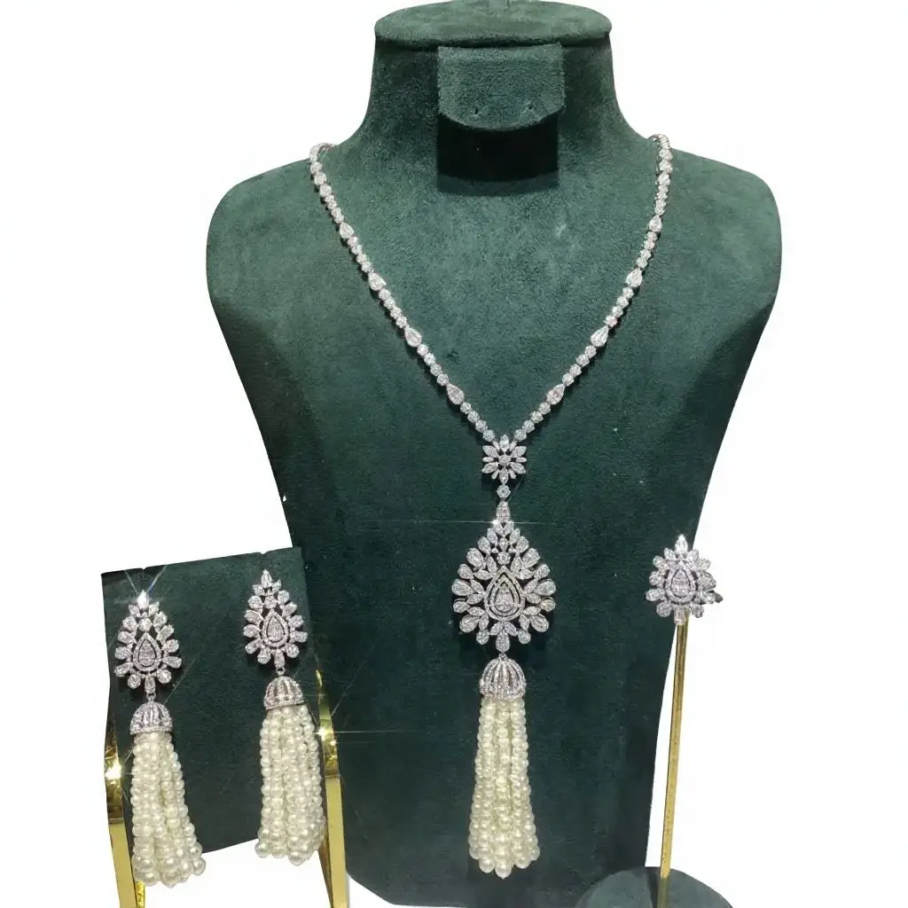 Bride Talk Luxury 4PCS Pearl Tassel Fringe Jewelry Set Floral Sunburst CZ Zirconia Bridal Dubai African Wedding Accessories view 5