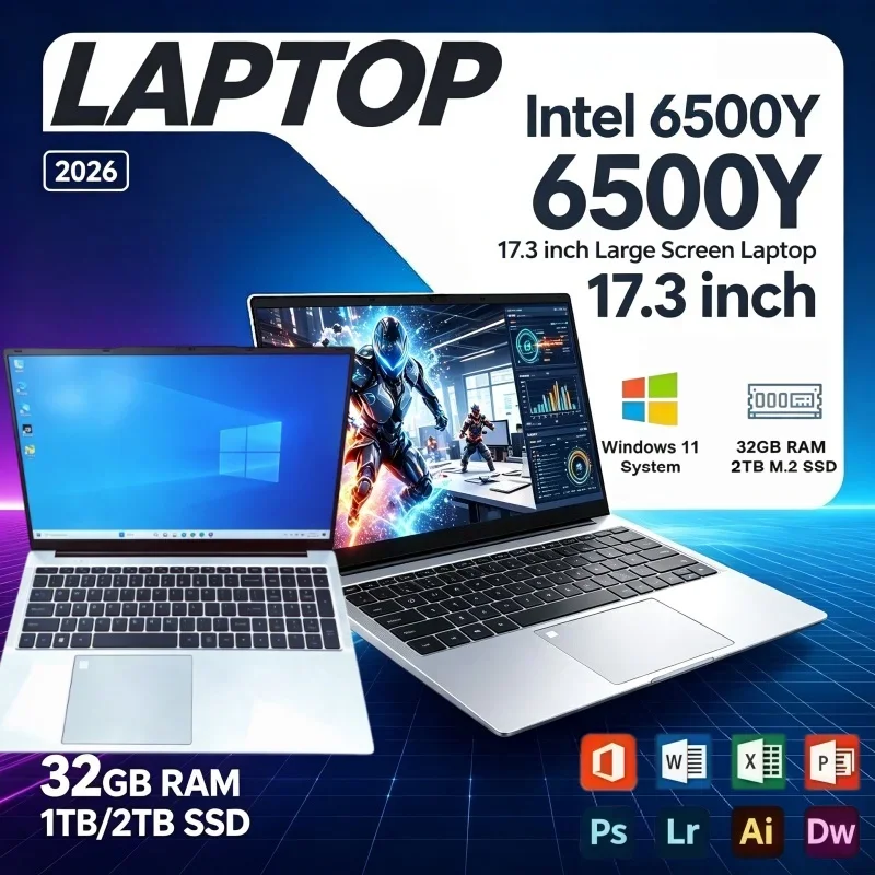 Large Screen Laptop 17.3 Inch Intel 6500Y 16/32GB RAM Smart Windows11 1/2TB BIG SSD Portable Laptop Office Study