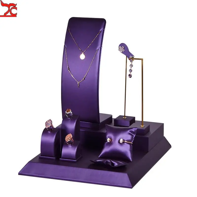 Luxury Deep Purple Pu Jewelry Store Display Cabinet Brushed Leather Rings Earrings Bracelets Storage Tray Pendant Neck Display