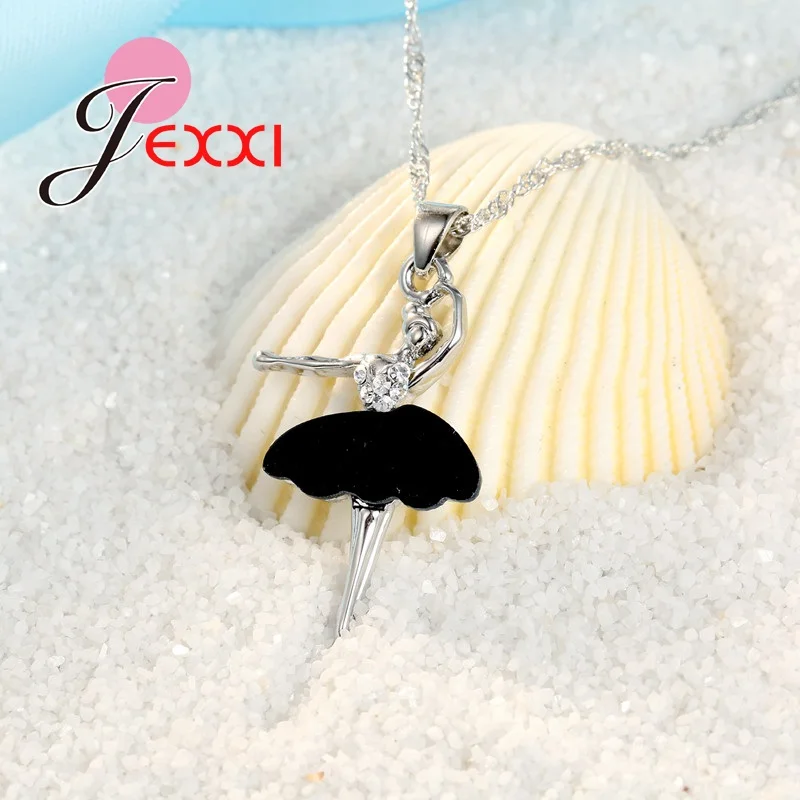 Charm Cubic Zirconia Crystal Ballet Dancing Girl Black Dress Pendant 925 Sterling Silver  Necklace Earrings Jewelry Set