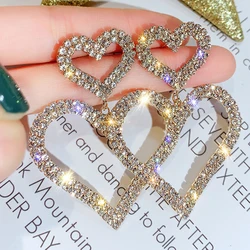 Luxury Big Double Love Heart Rhinestone Drop Earrings for Women Girls Crystal Korean Statement Wedding Party Ear Jewelry Gifts