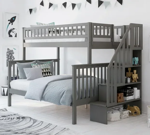 

-Двухъярусная кровать для детской лестницы с местом для хранения под лестницей, каркас детской кровати, простая сборка, кровать-платформа
