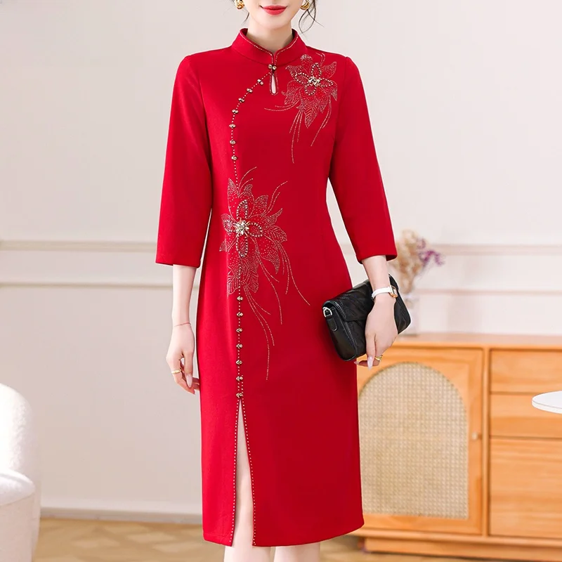 

Ele Mid-aged Mom Wedding Dr Faionable Loose Fit Embroidered Skirt Suit Polyester Blend Comfortable Autumn Wear
