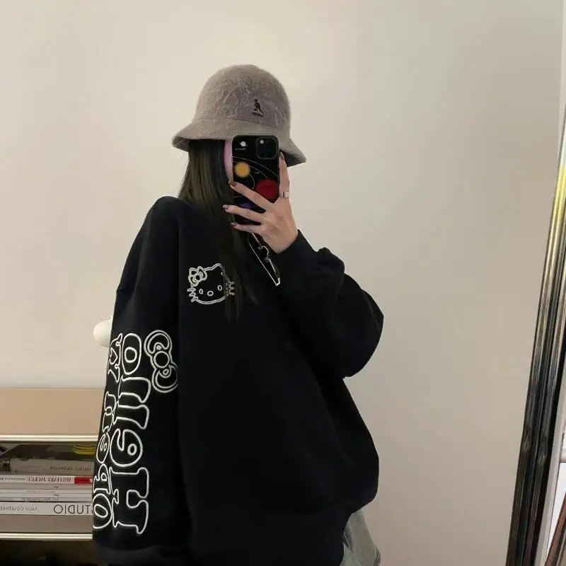 

Sanrio Cartoon Hatless Sweatshirt Hello Kitty Plush Jacket Cute Fun Cartoon Versatile Loose Thickened Round Neck Pullover Trendy