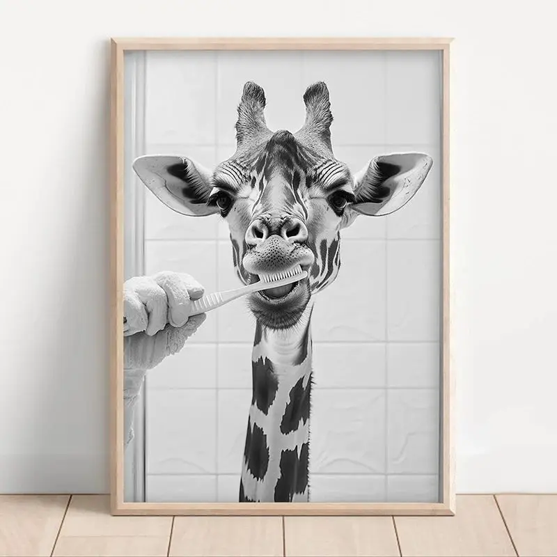 أسود أبيض مضحك الحمام بالفرشاة الأسنان المشارك خمر نمط الحيوان قماش اللوحة طباعة جدار صورة فنية للديكور المنزل #5