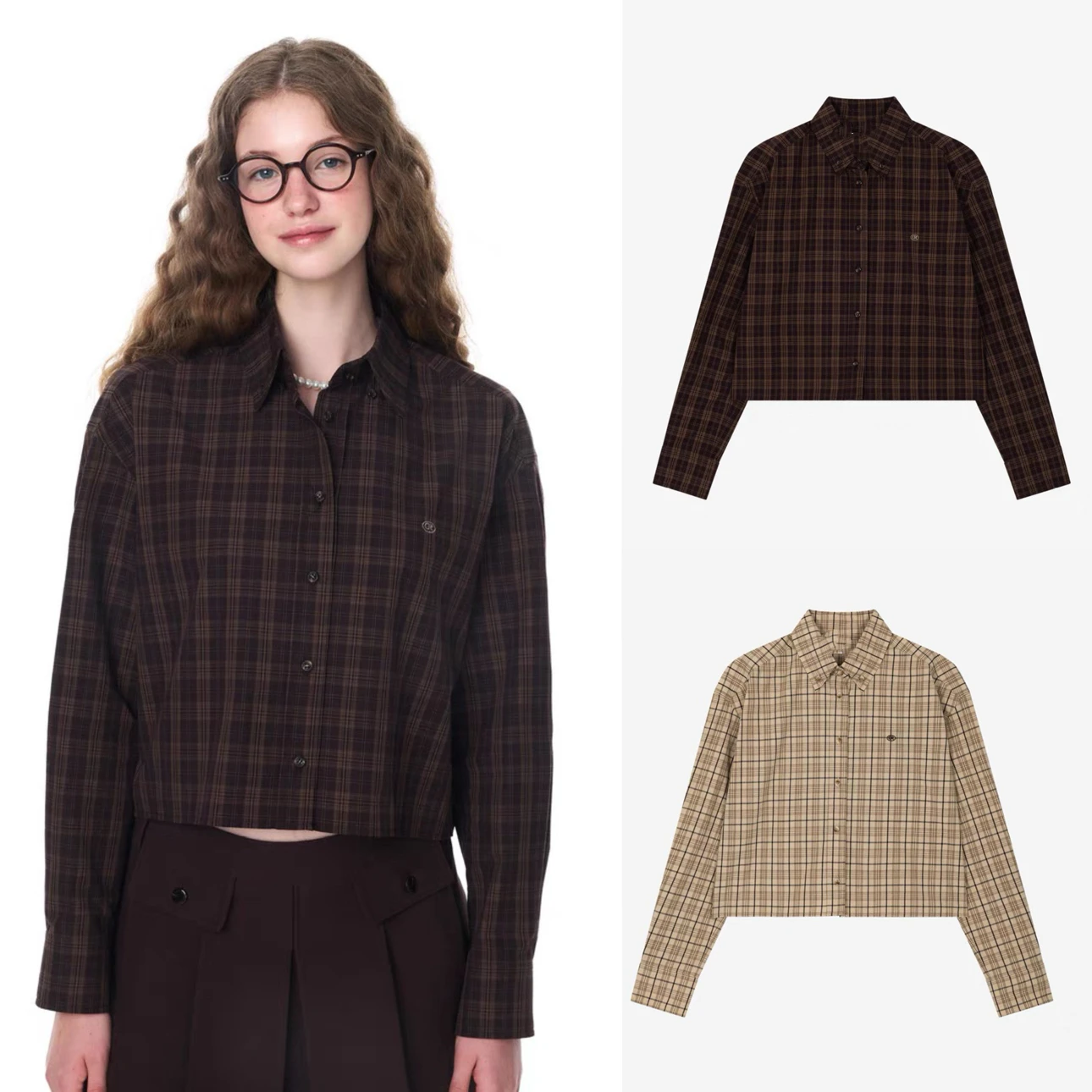 Send in Seconds!  * Ve24 Autumn New Versatile Loose Casual Retro Contrast Color Short Plaid Long sleeve Shirts Top