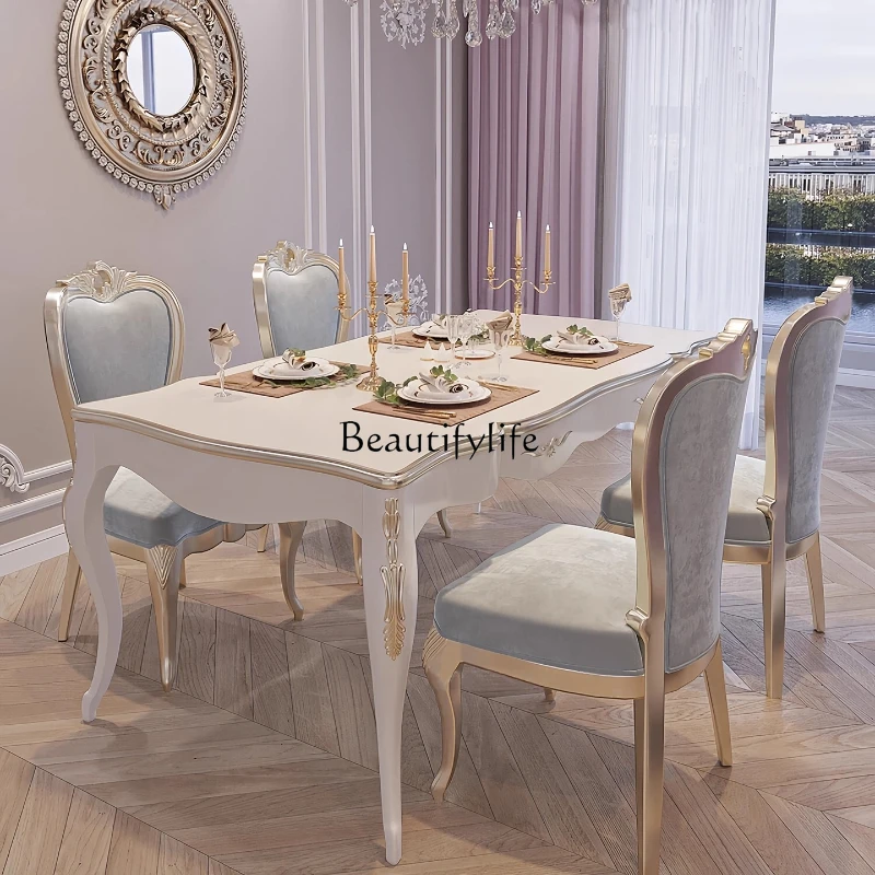 

French light luxury solid wood dining table and chair combination luxury palace style European carved dining table