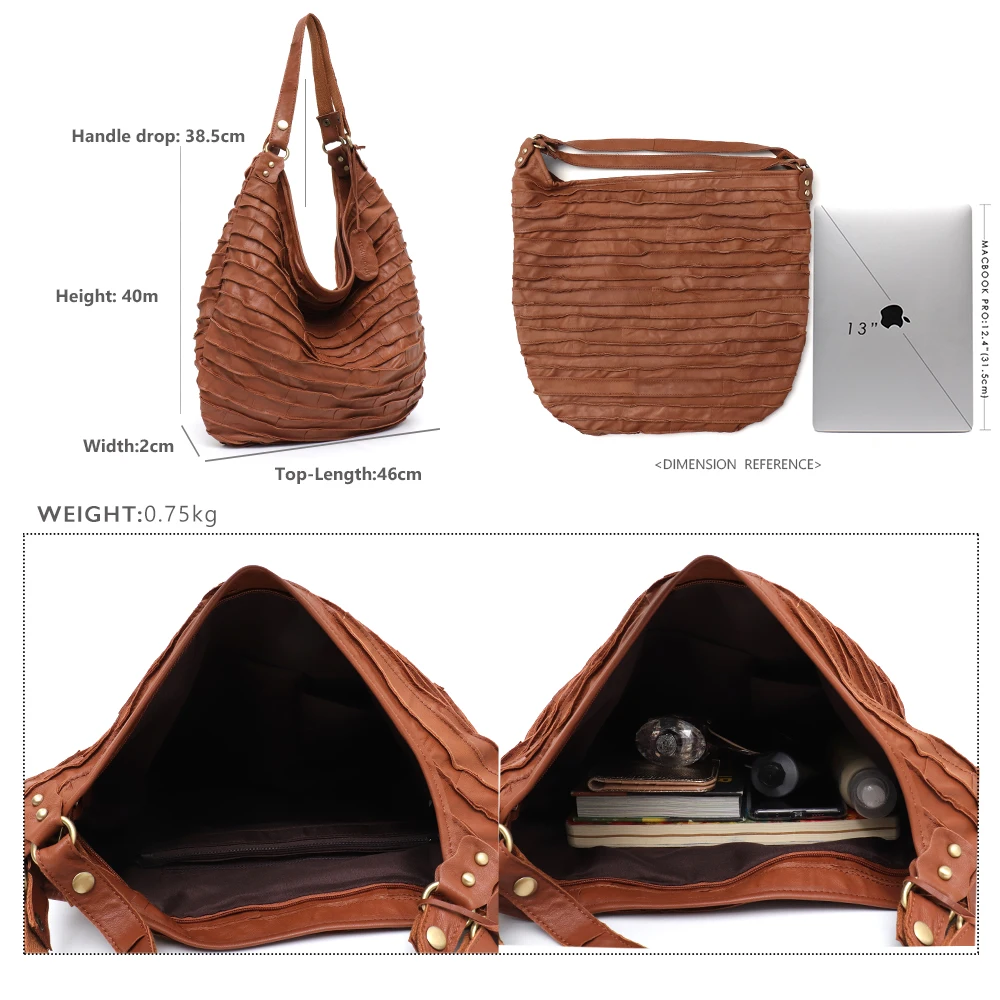 SC Vintage Real Sheep Leather Stripe Hobo Bags for Women Large Genuine Lamp Leather Skin Patchwork Shoulder Tote Crossbody Bag