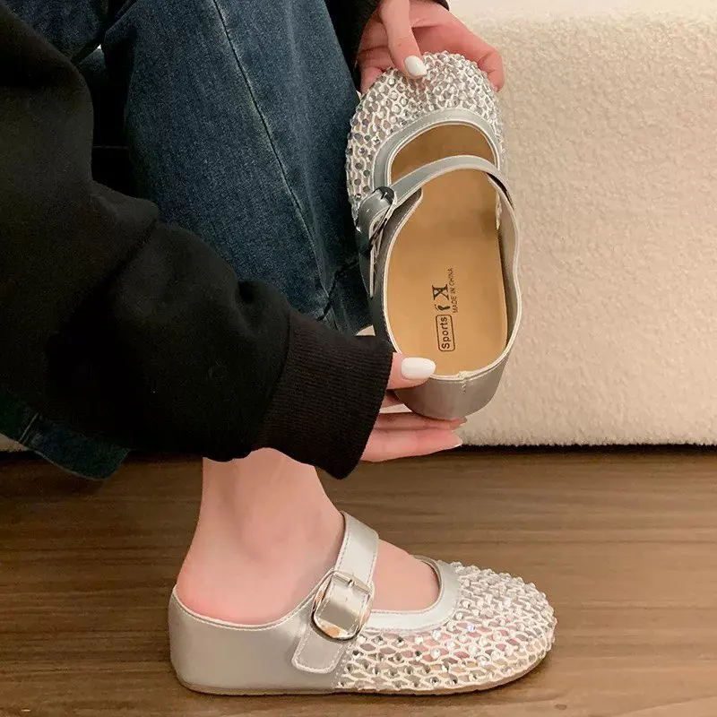 

Women's Fashionable Round Toe Baotou Half Slippers Women Summer 2026 New Mesh Rhinestone Embellishment Breathable Casual Sandals