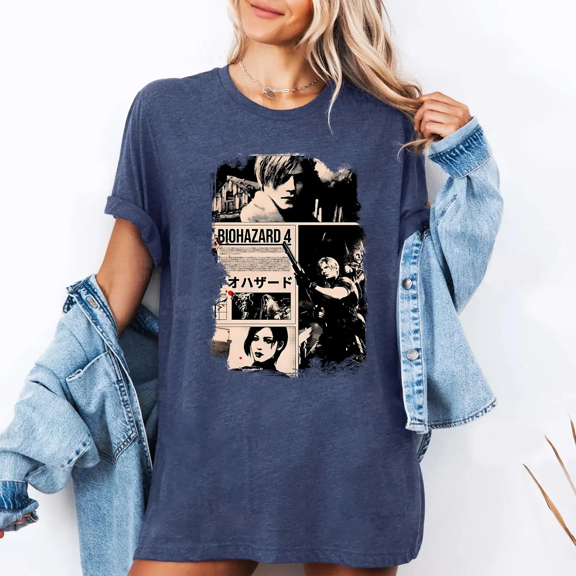 

Retro Resident Evil Pattern T-shirt: Resident Evil Leon Kennedy Printed Pattern T-shirt for Men and Women, Short Sleeves