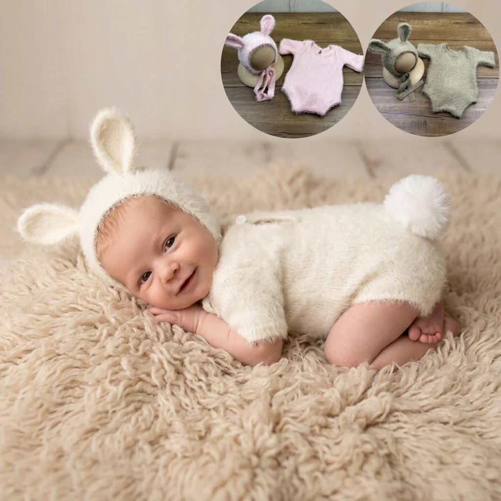 Newborn Photography Props Knitted Rabbit Outfit Super Soft Mink Fabric Baby Photoshoot Costume Cute Bunny Cosplay For Boy Girl