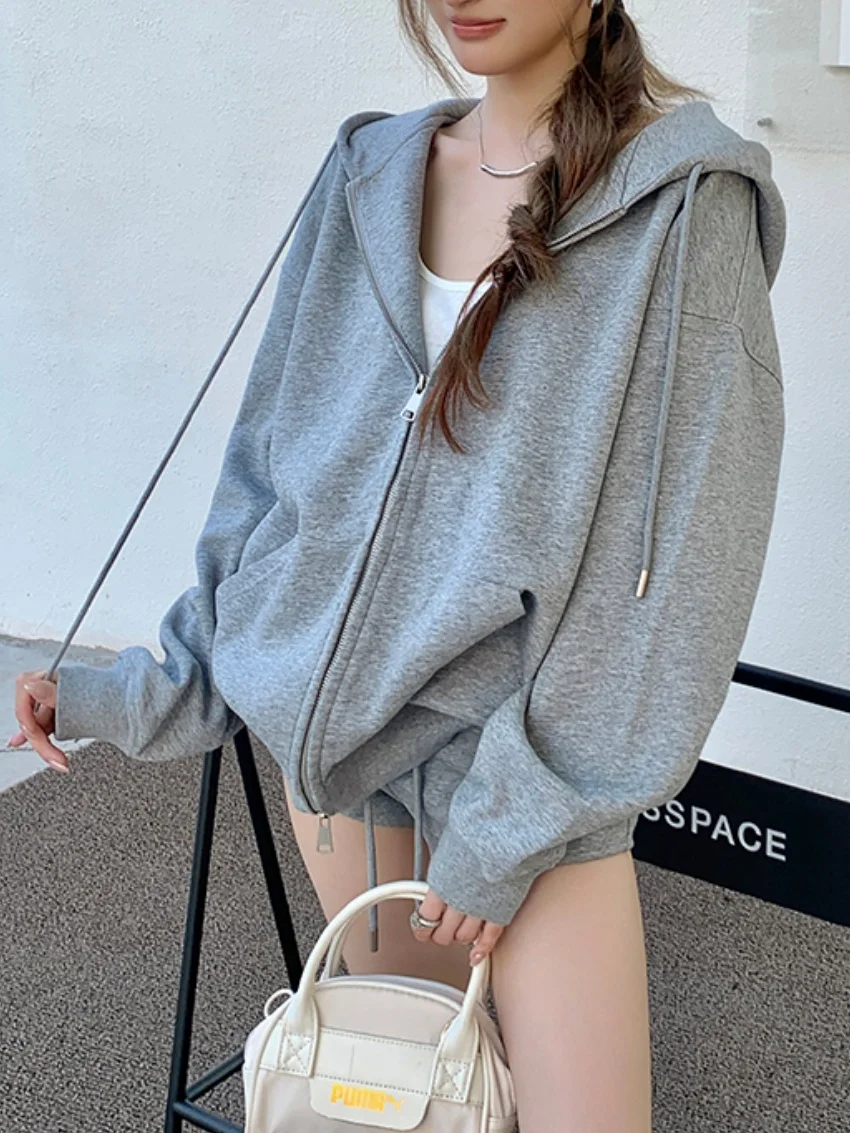

Alien Kitty 2025 Grey Hooded New Coats Women Lazy Style Casual Oversize Solid Minimalist Elegant All Match Sports Chic Camping