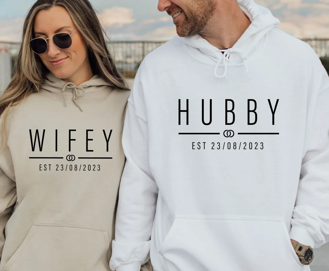 Sudadera con capucha personalizada de luna de miel, Sudadera con capucha Hubby de Wifey, Sudadera con capucha de Mrs To Be, Sudadera con capucha a juego, sudaderas con capucha de pareja de boda, Sudadera con capucha Just Married