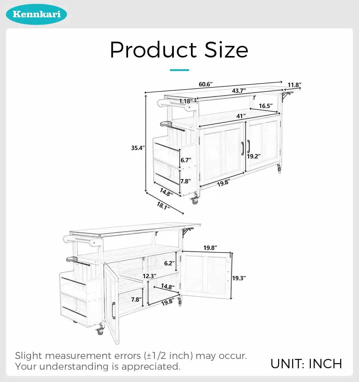 Foldable Kitchen Island Stainless Steel Top Mobile Cart Wood Frame Storage Cabinet Towel Rack & Lockable Casters, Customized