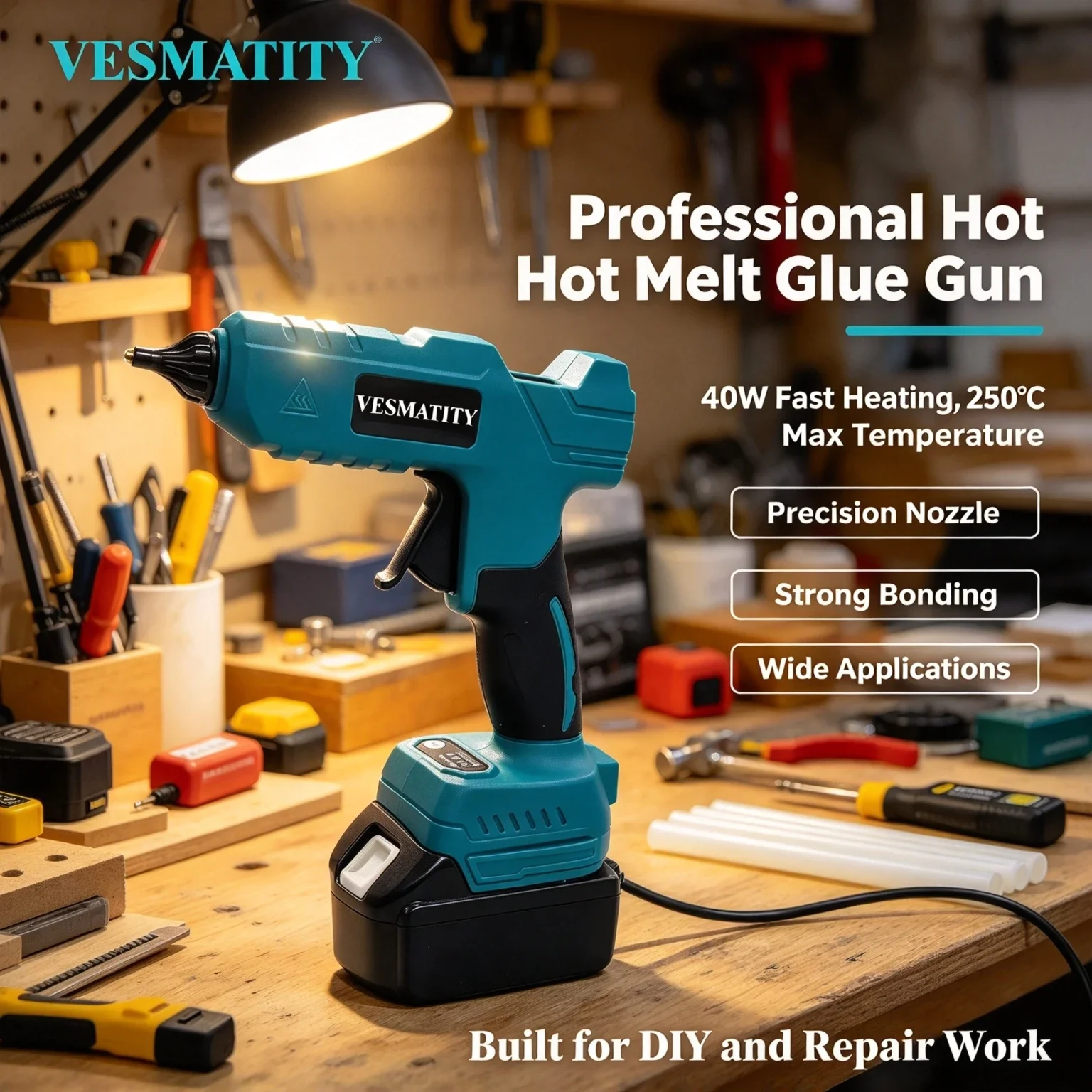 Vesmatity Cordless Handheld Hot Glue Gun 18V 20V Anti-scald Electric Melt Tool Home Repair DIY Max Pro System Set
