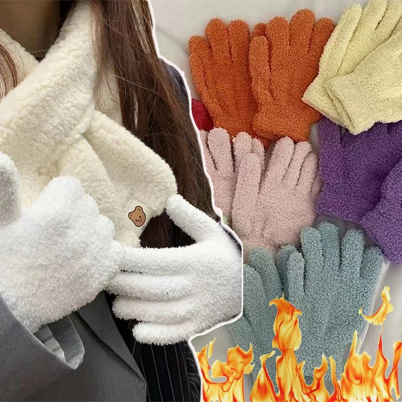 

2022 Women Furry Plush Gloves Men Winter Thicken Keep Warm Fleece Full Finger Mittens Soft Elastic Casual Solid Cycling Gloves