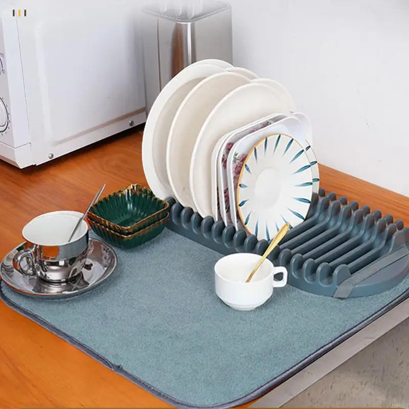 Dishes Drying Rack With Mat Hangable Fine Fiber Roll Up Dish Drying Mat Kitchen Counter Glassware Cutlery Dish Drying Pad