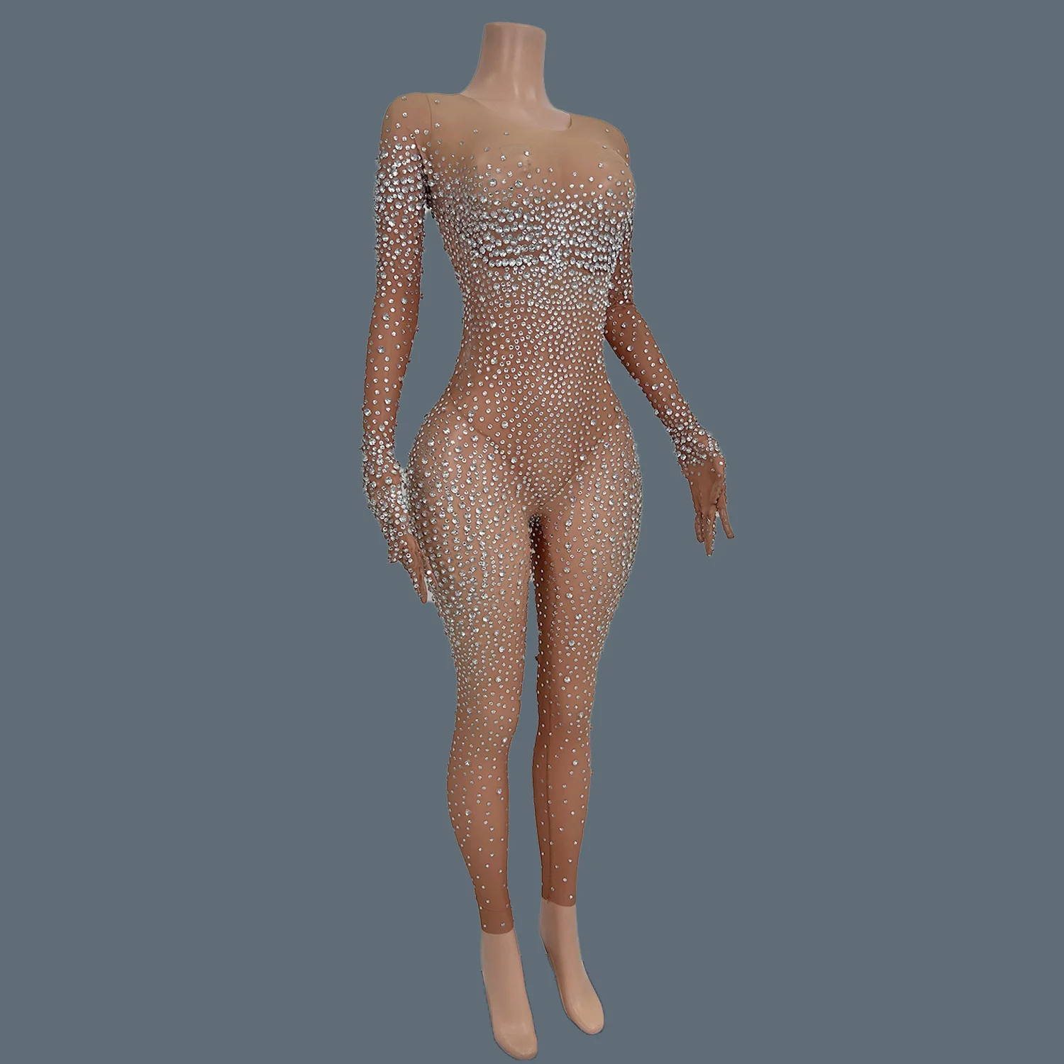 Sparkly Mesh Rhinestones Jumpsuit Women Sexy Elasticity See Through Performance Costume Nightclub Stage Wear Tiaotiaotang