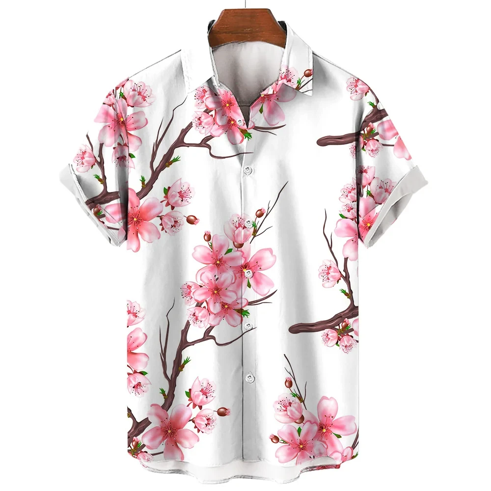 Camisa hawaiana de manga corta para hombre, blusa suelta con botones, ropa informal con flores de melocotón, moda de verano, novedad