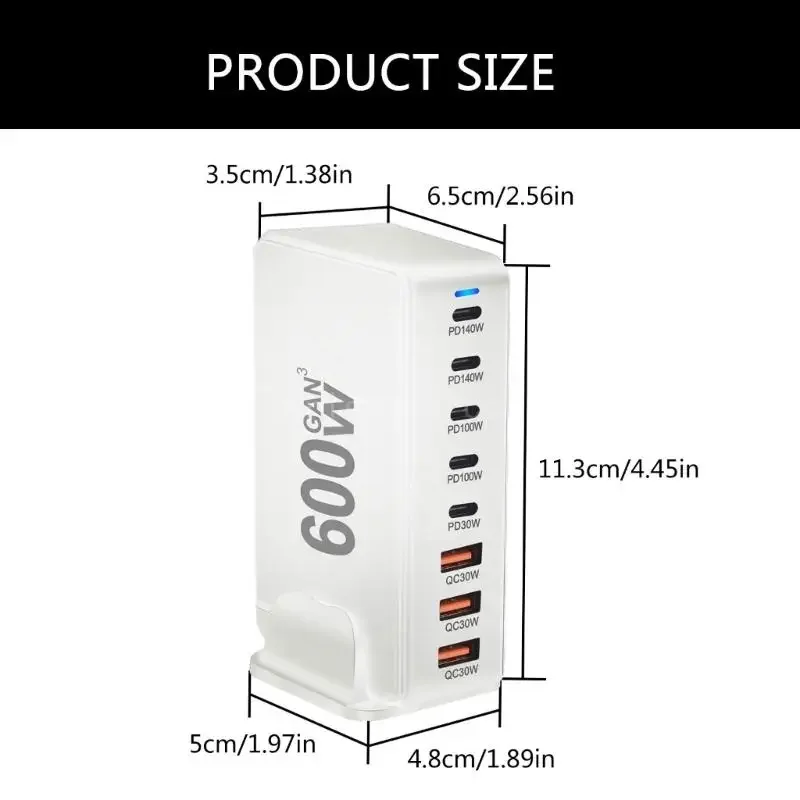 600W Desktop GaNs USB C USB A Charging Station Desktop Mutliport for Fast Laptop Power Adapter