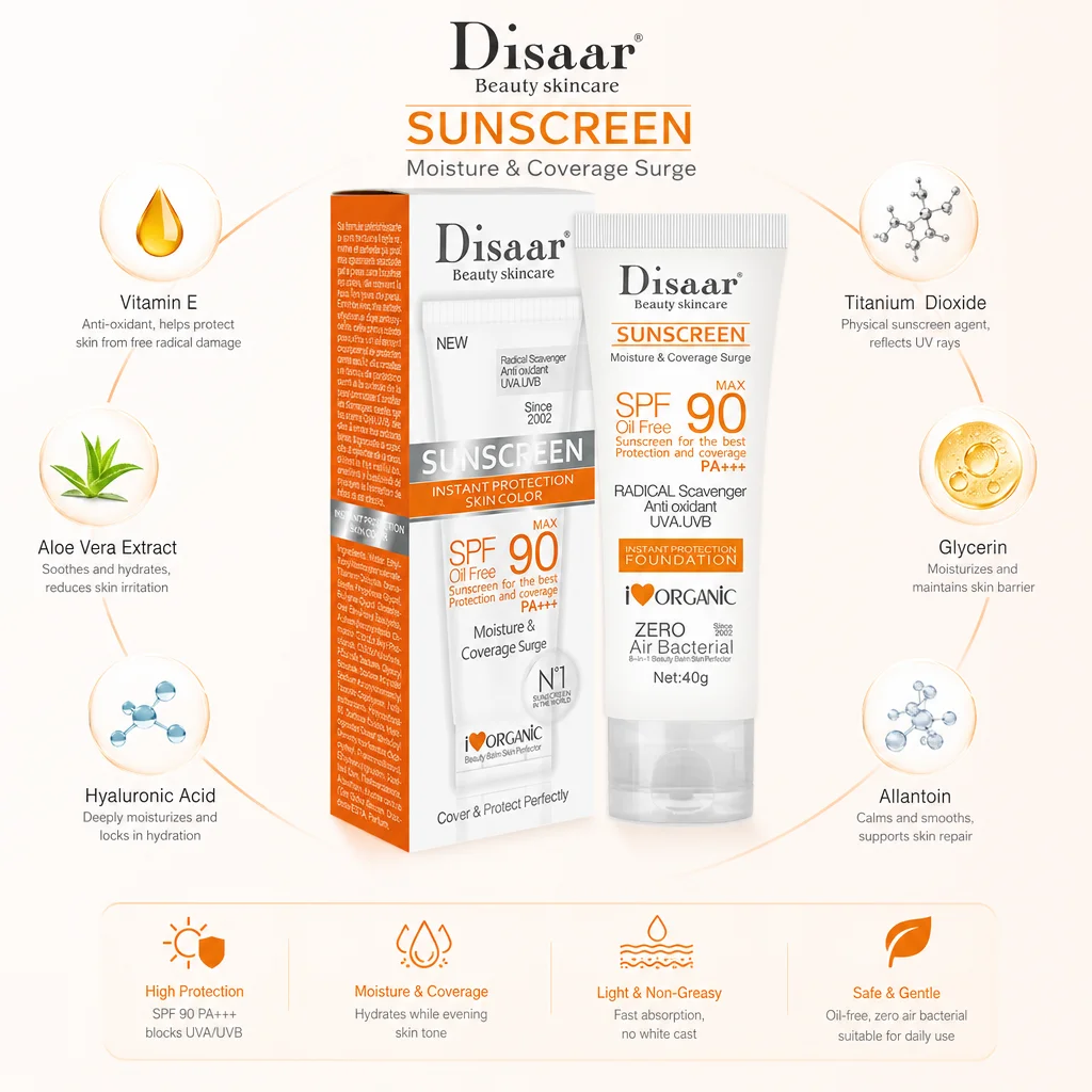 SPF90 PA+++ Sunscreen Cream UVA UVB Protection Moisturizing Non-Greasy Instant Coverage Facial Sun Cream for Daily Outdoor Use