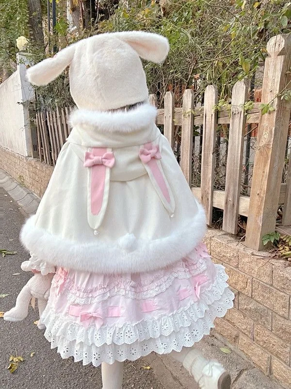Japanese Soft Girls Cute Rabbit Ears Hooded Cloak Winter New 2025 Women's Sweet Cute Warm Short Jacket Y2K Lolita Capes Ponchos
